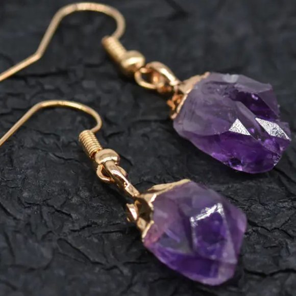 Natural Raw Amethyst Stone Dangle Earrings Purple Crystal Drop Earrings Handmade - Picture 5 of 5